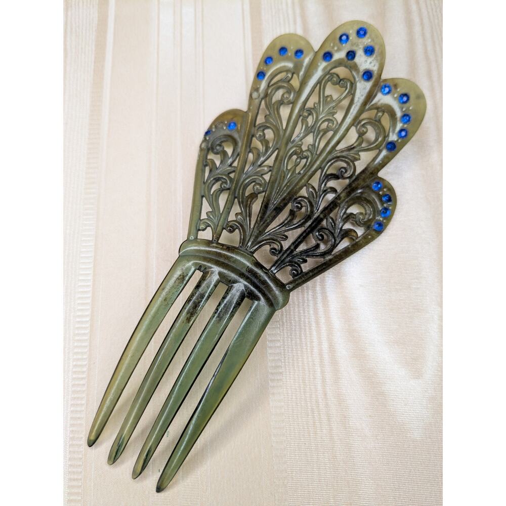 1920s Antique Art Deco Celluloid Hair Comb Blue Rhinestones Elegant Wedding